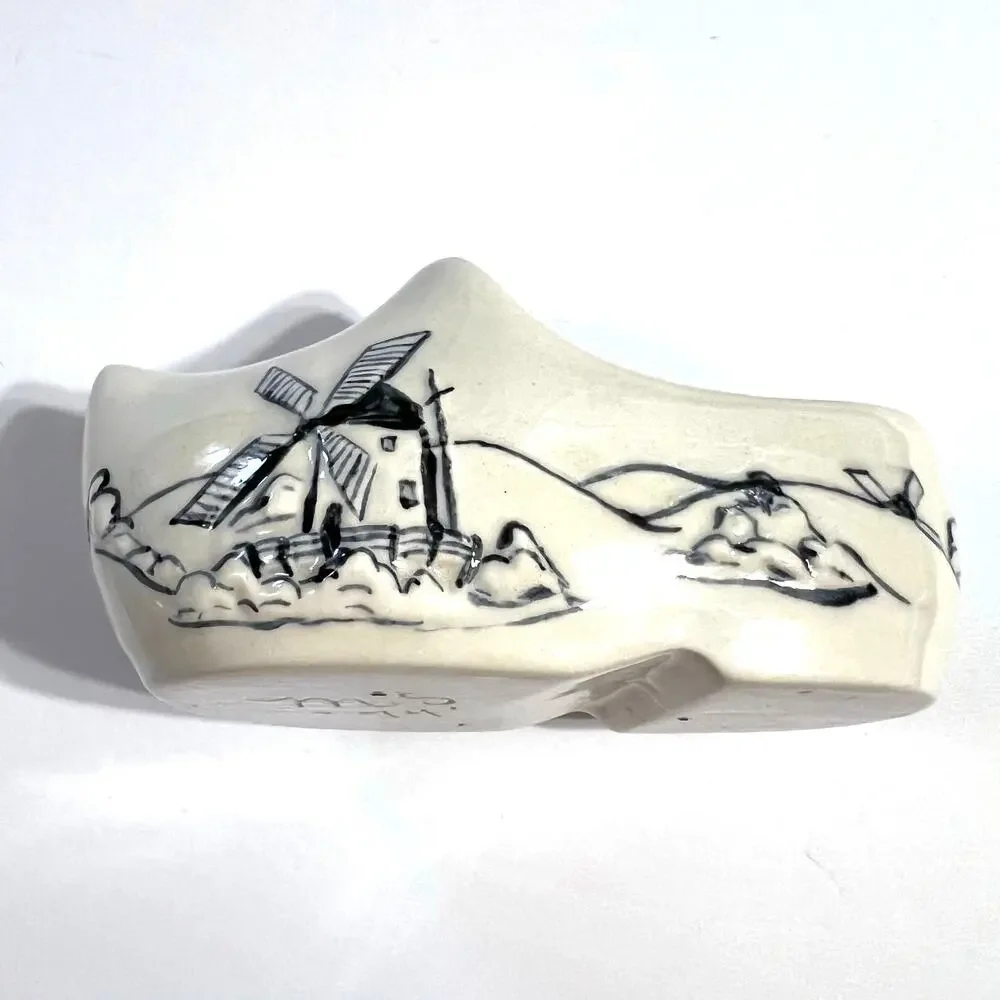 Vintage 1974 Delft Porcelain Clog Dutch Shoe Handmade Windmill Decor Cream Black